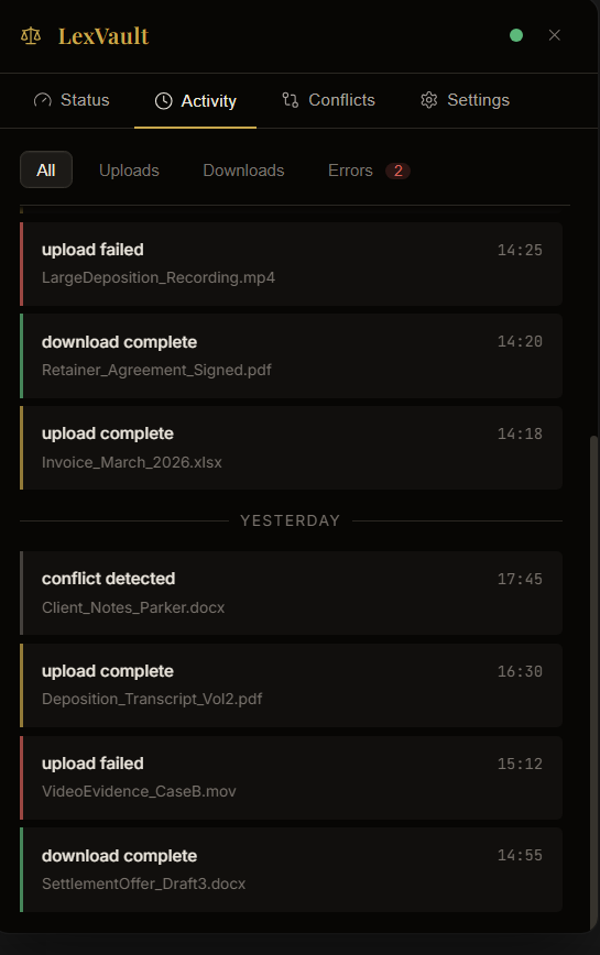 LexVault activity log with uploads, downloads, and errors