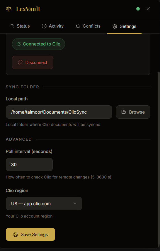 LexVault settings panel